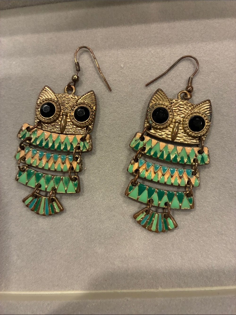 Gold Owl Dangle Earrings with Mint Green Enamel - Women's Jewelry